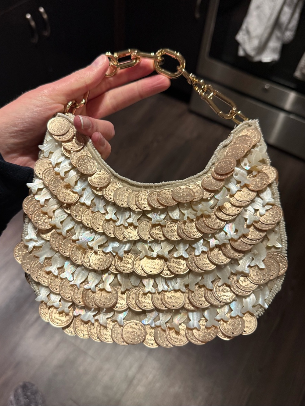 Gold & Cream/White Coin Fish Beaded Bag